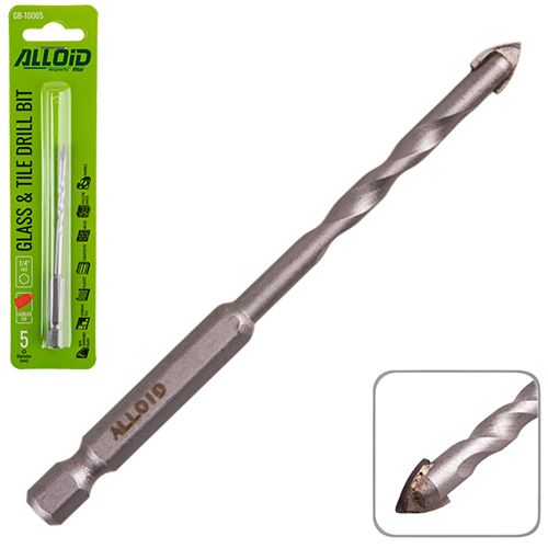 Сверло по стеклу и керамике 10 мм, хвостовик HEX 1/4" , L=120mm Alloid