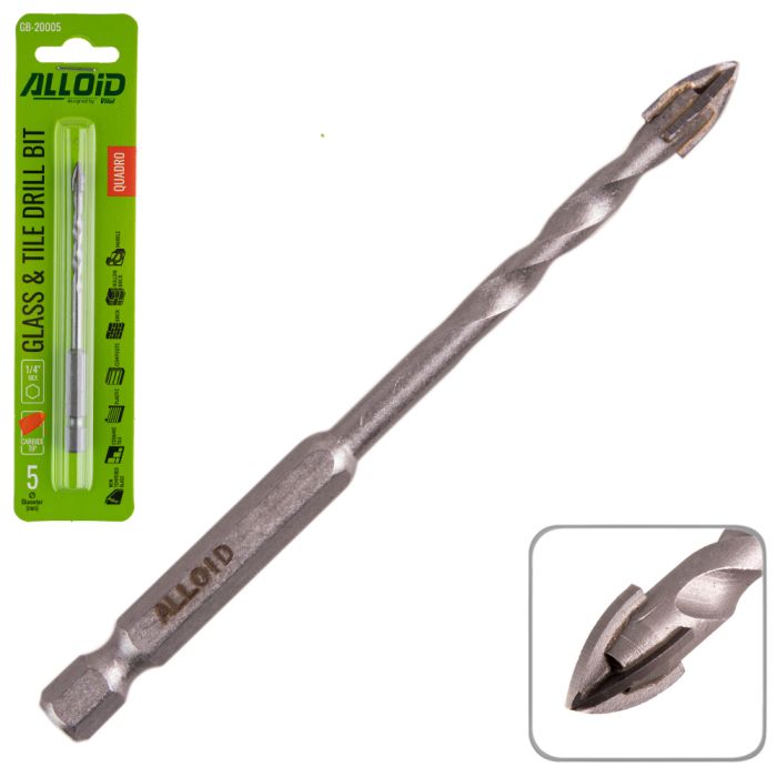Сверло по стеклу и керамике QUADRO 10 мм, хвостовик HEX 1/4" , L=120mm Alloid