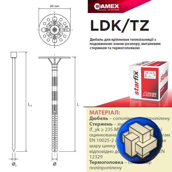 Дюбель для креп.теплоизол. LDK/TZ 10x80 (Польша) с метал.стерж. с термоголов.(распор.80мм) 400 шт.