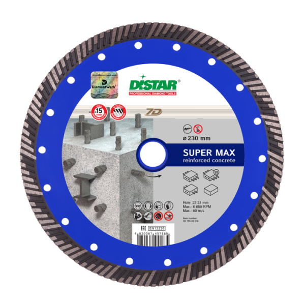 Круг алмазный отрезной SUPER MAX 7D Turbo (армир.бетон;бетон) 232х2,6х15; DISTAR