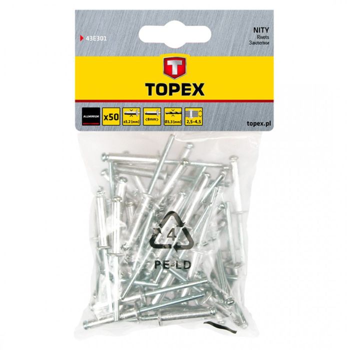 Заклепки алюминиевые 3.2 мм x 8 мм, 50 шт.*1 уп. Topex 43E301