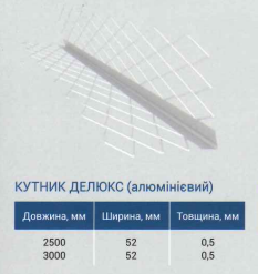 Уголок для штукатурки 2,5м. алюминиевый ДЕЛЮКС толщина 0,5 	25шт/упак